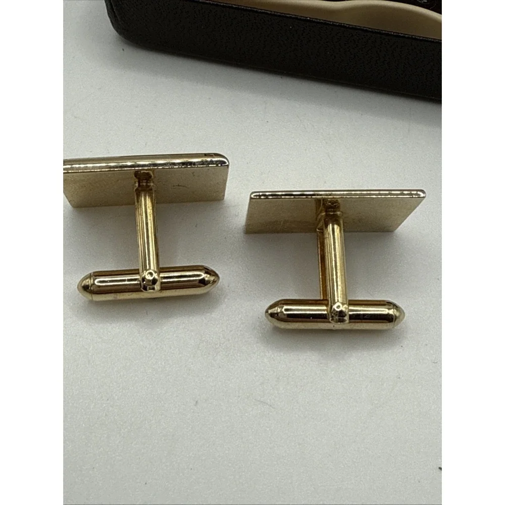 Vintage Swank‎ brushed gold-tone geometric W/ Small Red Rhinestone cufflinks